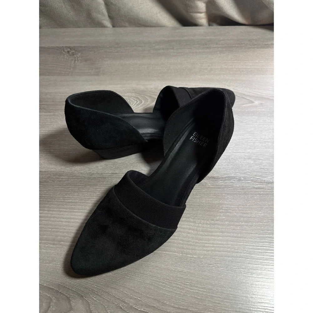 Eileen Fisher Womens 8 Black Suede d'Orsay Pointed Toe Wedge Pumps Career Office